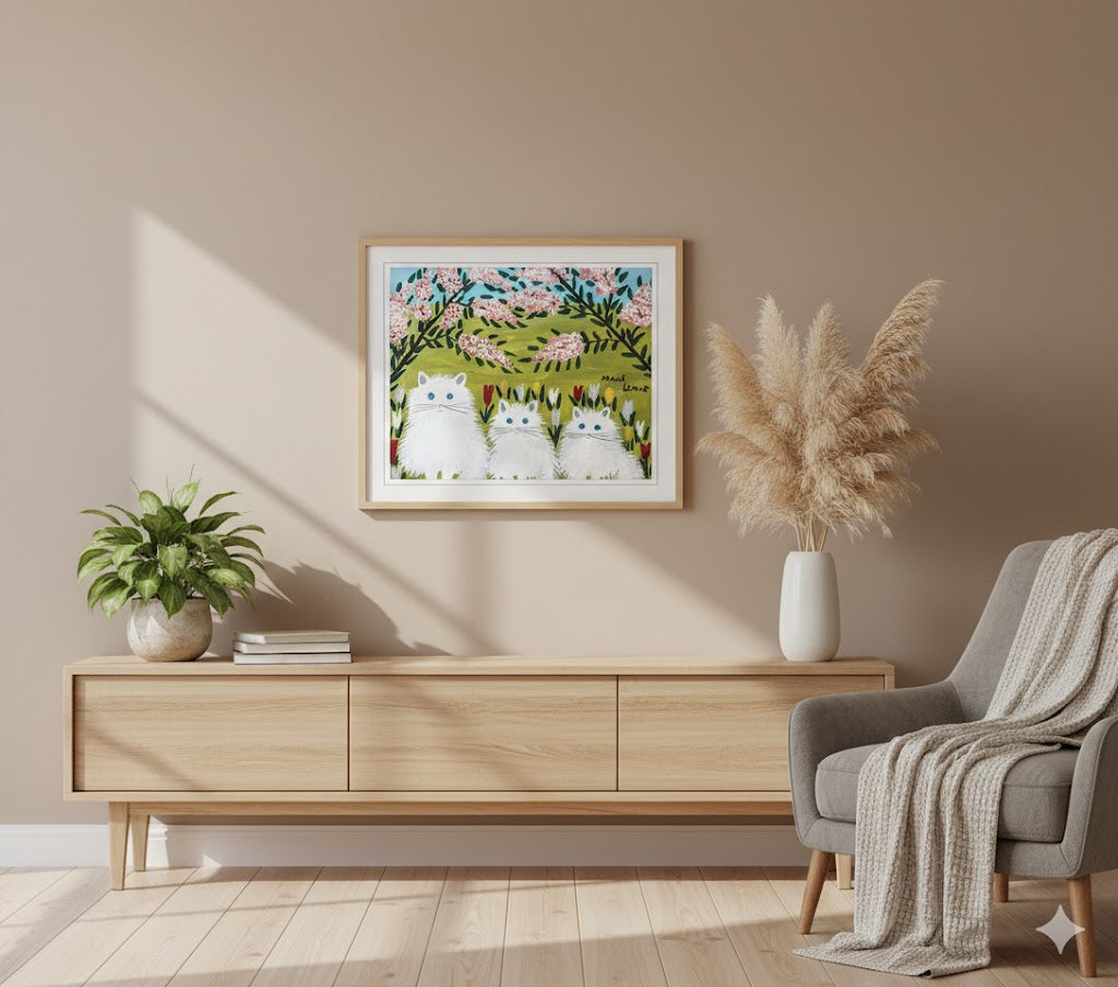 Framed Art Print By Maud Lewis Three White Cats Folk Art Painting Flat Style Wall Decor 24 X 28 Inches, Maud Lewis, American Art, Art, Collectibile Memorabilia, AAAPA33486