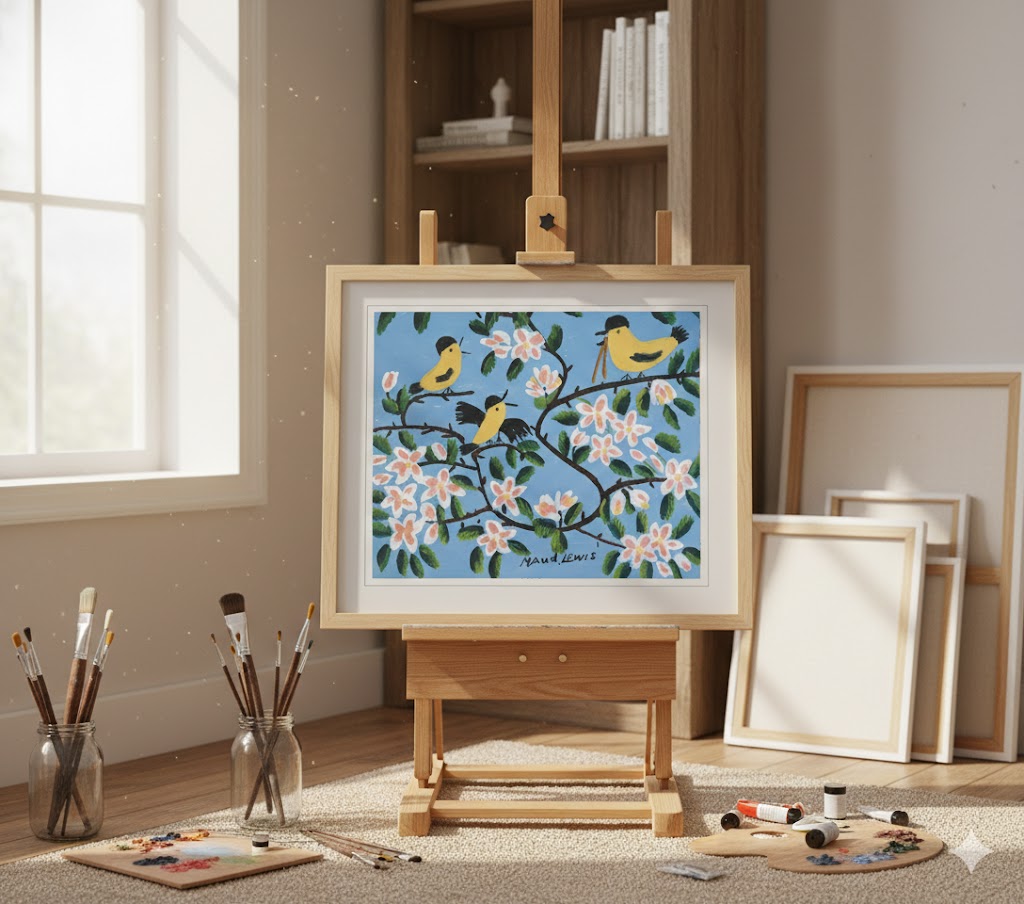 Framed Art Print By Maud Lewis Yellow Birds Folk Art Painting Flat Style Wall Decor 24 X 28 Inches, Maud Lewis, American Art, Art, Collectibile Memorabilia, AAAPA33487