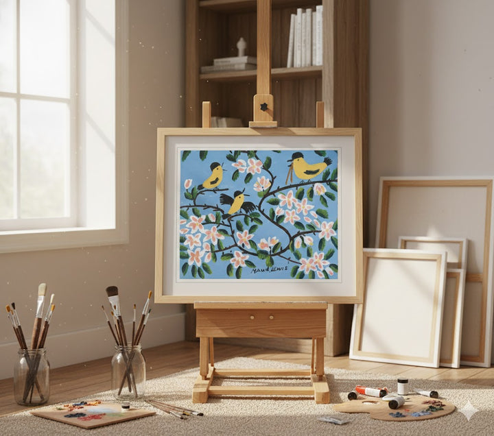 Framed Art Print By Maud Lewis Yellow Birds Folk Art Painting Flat Style Wall Decor 24 X 28 Inches, Maud Lewis, American Art, Art, Collectibile Memorabilia, AAAPA33487