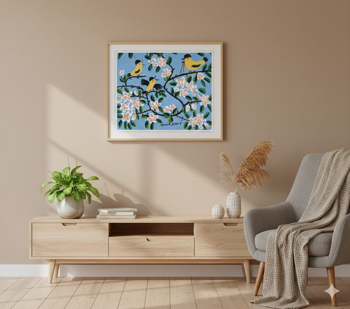 Framed Art Print By Maud Lewis Yellow Birds Folk Art Painting Flat Style Wall Decor 24 X 28 Inches, Maud Lewis, American Art, Art, Collectibile Memorabilia, AAAPA33487