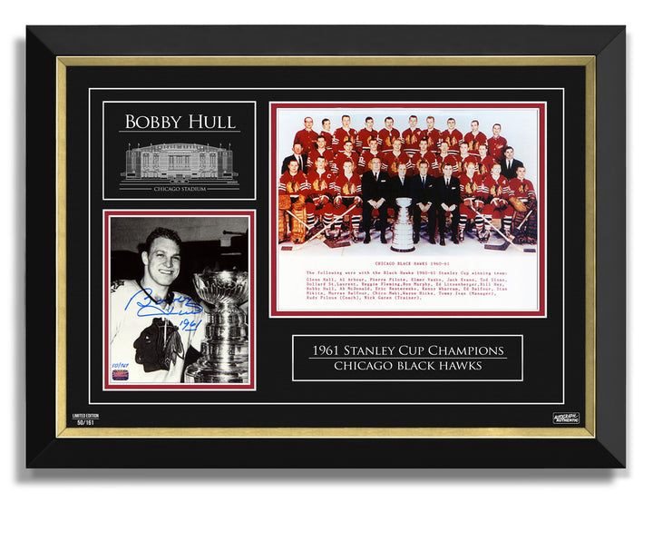 Autographed Bobby Hull '61 Stanley Cup - Ltd 161 Double Photo, Chicago Blackhawks, NHL, Hockey, Autographed, Signed, AACMH30451