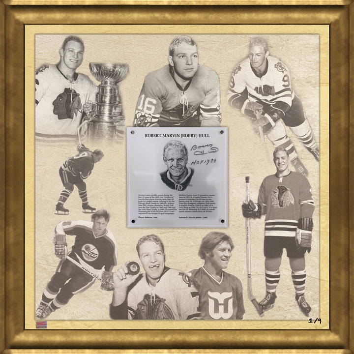 Bobby Hull Signed Hhof Plaque Framed Collage Ltd Ed #1 Of 9, Chicago Blackhawks, Winnipeg Jets, NHL, Hockey, Autographed, Signed, AACMH32979