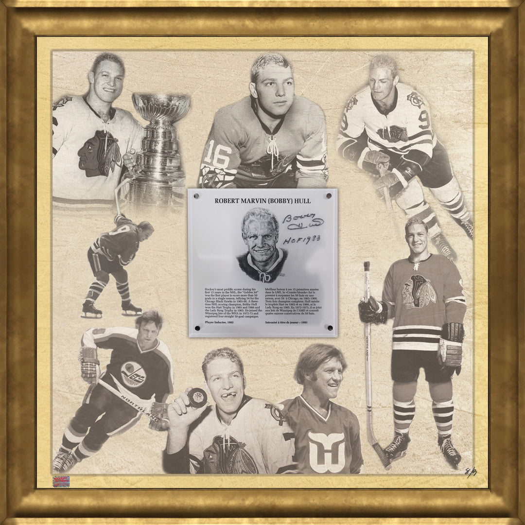 Bobby Hull Signed Hhof Plaque Framed Collage Ltd Ed /9, Chicago Blackhawks, Winnipeg Jets, NHL, Hockey, Autographed, Signed, AACMH32960