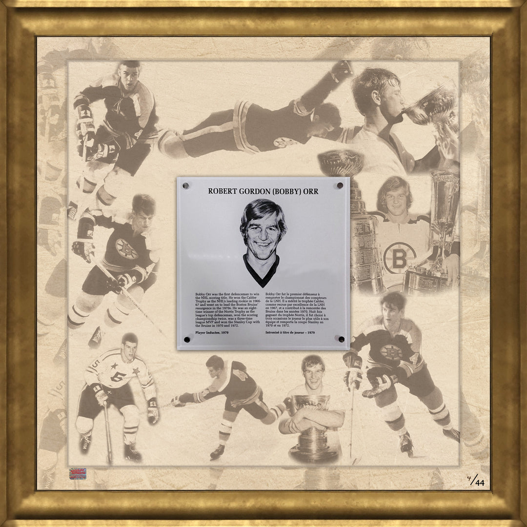 Bobby Orr Hhof Plaque Framed Collage Ltd Ed #4 Of 44 (27" By 26.5"), Boston Bruins, NHL, Hockey, Autographed, Signed, AACMH32973