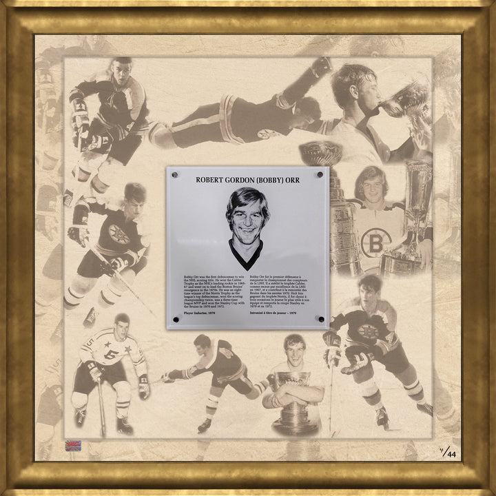 Bobby Orr Hhof Plaque Framed Collage Ltd Ed #4 Of 44 (27" By 26.5"), Boston Bruins, NHL, Hockey, Autographed, Signed, AACMH32973