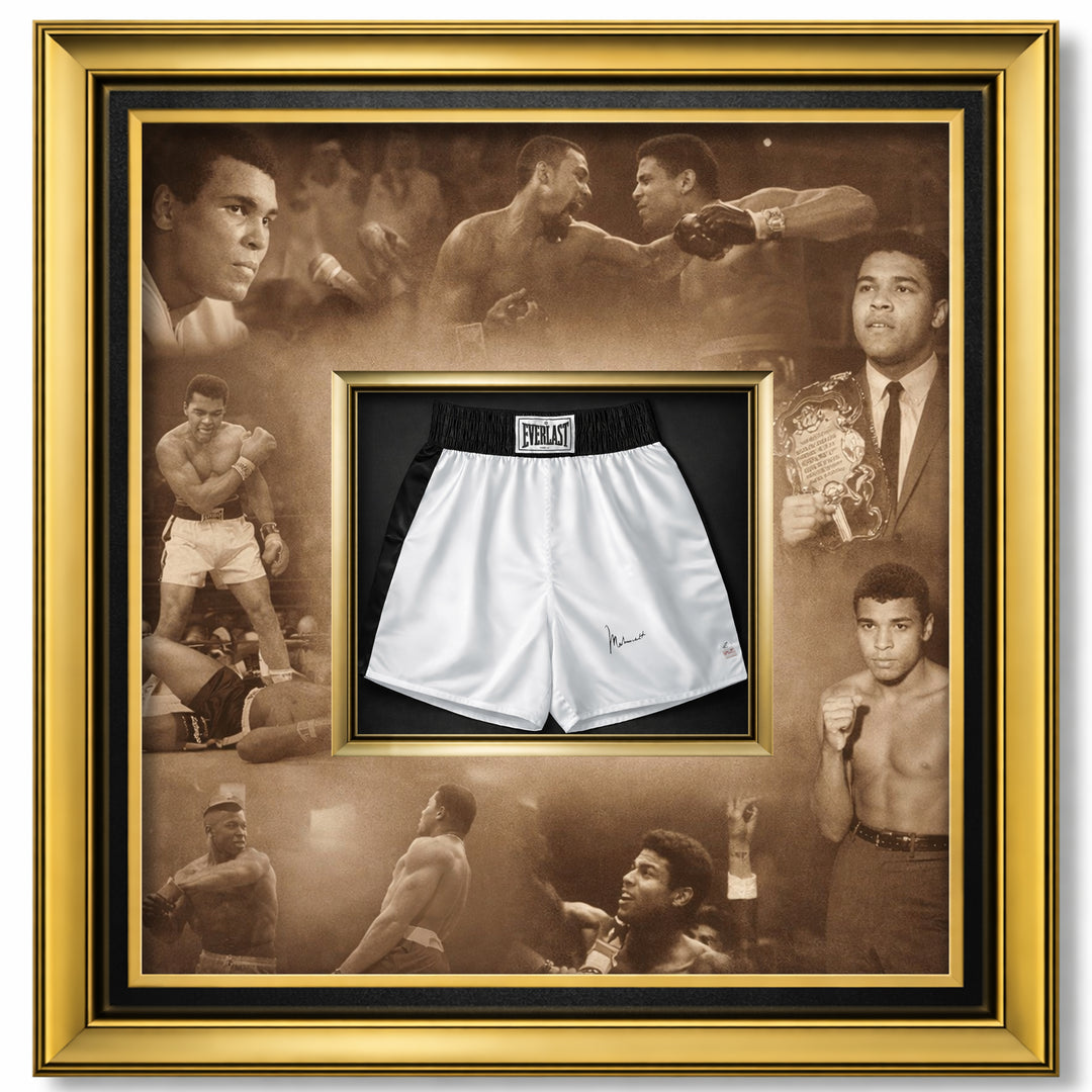 Muhammad Ali Signed Boxing Shorts 40X40 Gold Frame Sepia Career Tribute One-Of-A-Kind Luxury Shadowbox Collectible, Boxing, Boxing, Boxing, Autographed, Signed, AAPCB33493