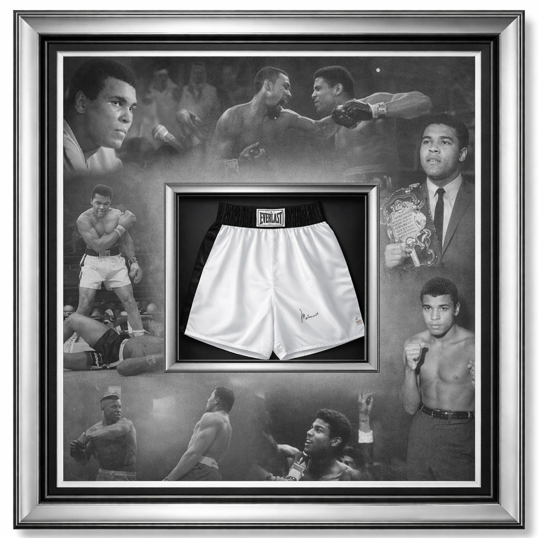 Muhammad Ali Autographed Boxing Shorts 40X40 Silver Frame Black White Career Collage One-Of-A-Kind Premium Display, Boxing, Boxing, Boxing, Autographed, Signed, AAPCB33494
