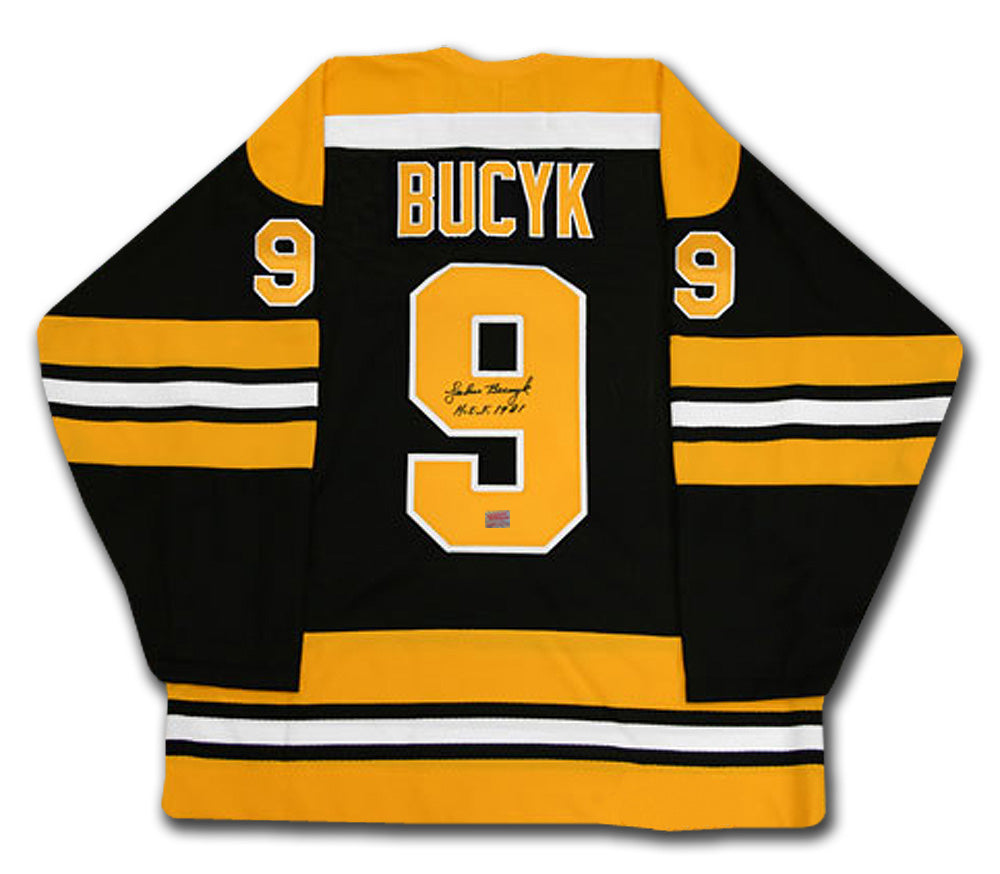 Johnny Bucyk Autographed Black Boston Bruins Jersey, Boston Bruins, NHL, Hockey, Autographed, Signed, AAAJH30131