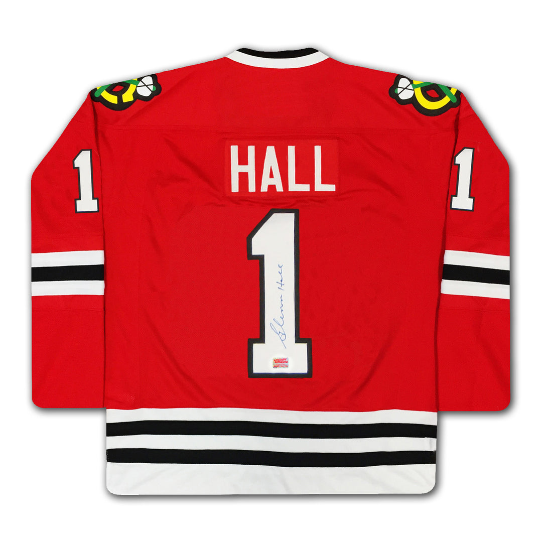 Glenn Hall Autographed Red Chicago Blackhawks Jersey, Chicago Blackhawks, NHL, Hockey, Autographed, Signed, AAAJH30123