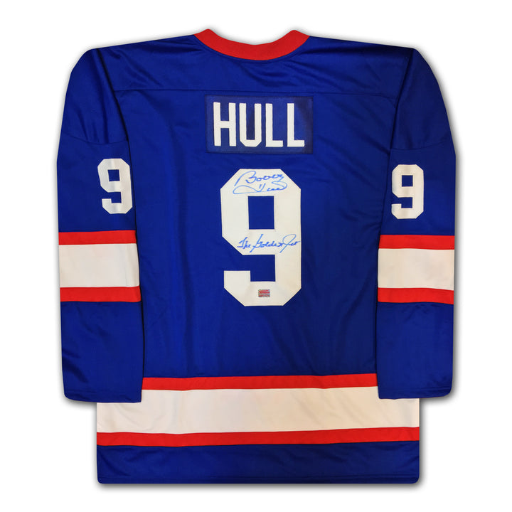 Bobby Hull Autographed Blue Winnipeg Jets Jersey, Winnipeg Jets, NHL, Hockey, Autographed, Signed, AAAJH30110