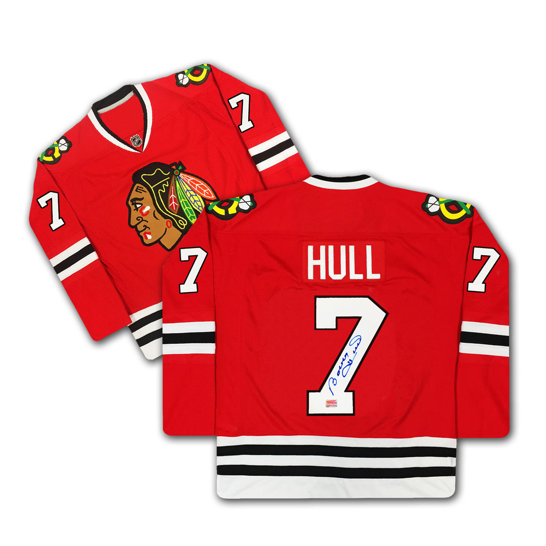 Bobby Hull Number 7 Signed Red Chicago Blackhawks Jersey, Chicago Blackhawks, NHL, Hockey, Autographed, Signed, AAAJH32310