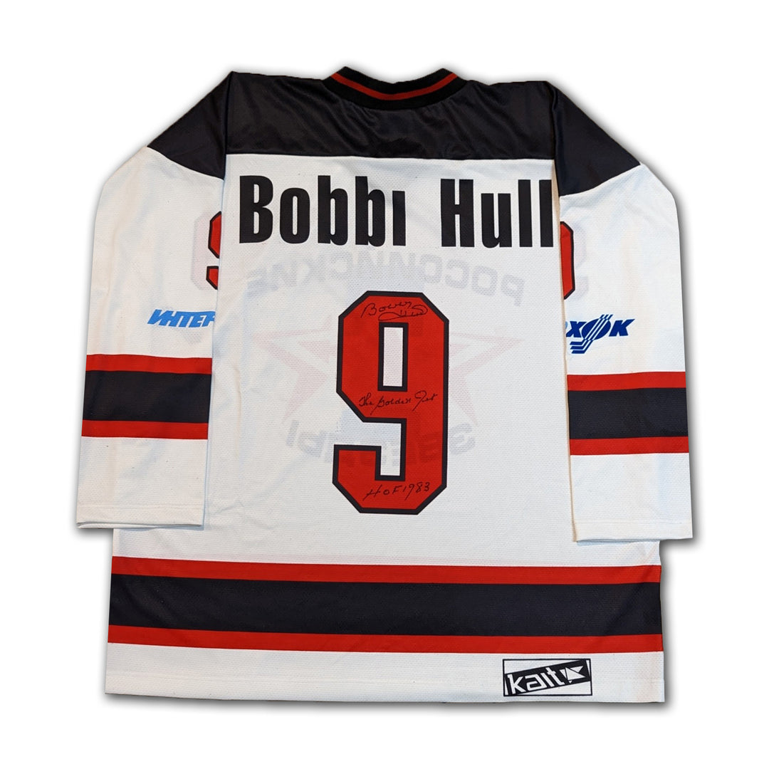 Bobby Hull Autographed Russian Black Jersey, Chicago Blackhawks, NHL, Hockey, Autographed, Signed, AAAJH33103
