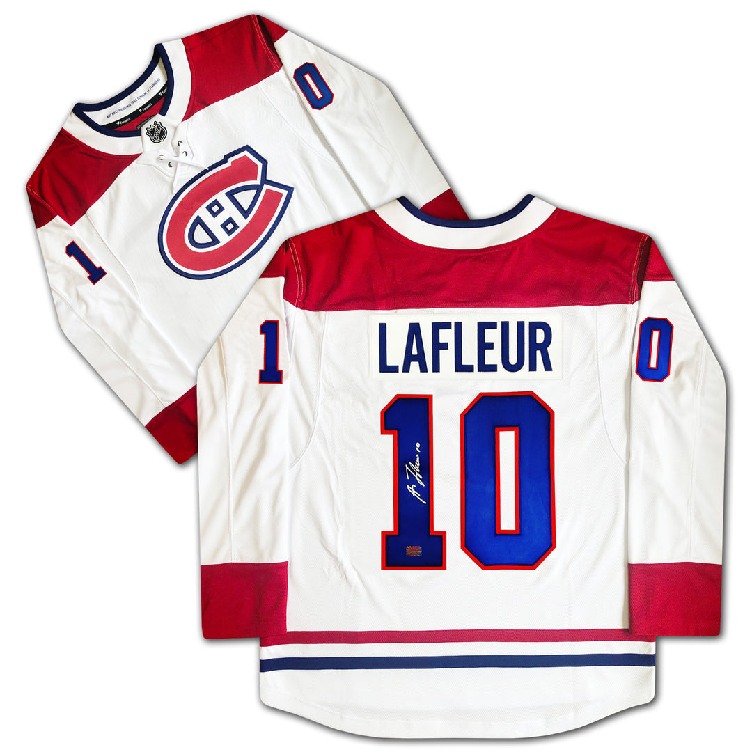 Guy Lafleur Autographed White Montreal Canadiens Jersey, Montreal Canadiens, NHL, Hockey, Autographed, Signed, AAAJH30126