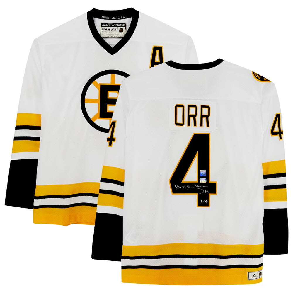 Bobby Orr Signed Hand-Number 3/4 Boston Bruins White Jersey Adidas - Gnr Coa, Boston Bruins, Boston Bruins, NHL, Hockey, Autographed, Signed, AAAJH33339