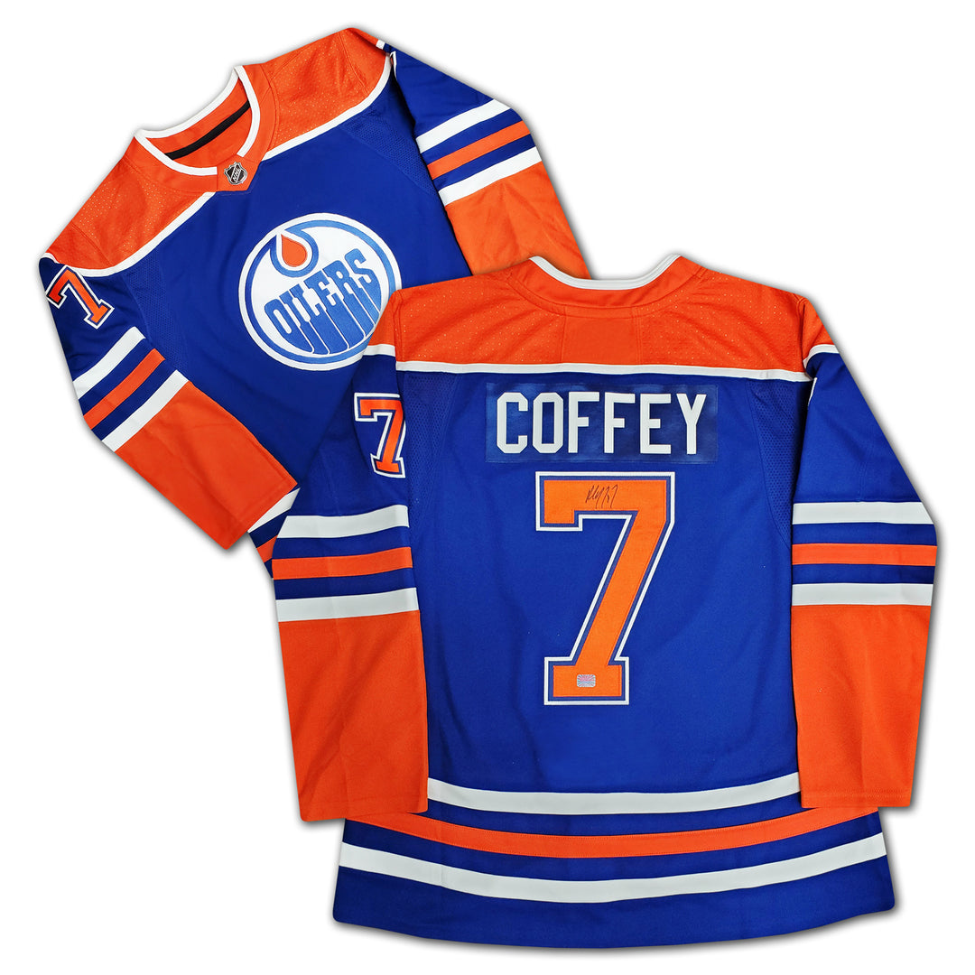Paul Coffey Autographed Blue Edmonton Oilers Jersey, Edmonton Oilers, NHL, Hockey, Autographed, Signed, AAAJH32550
