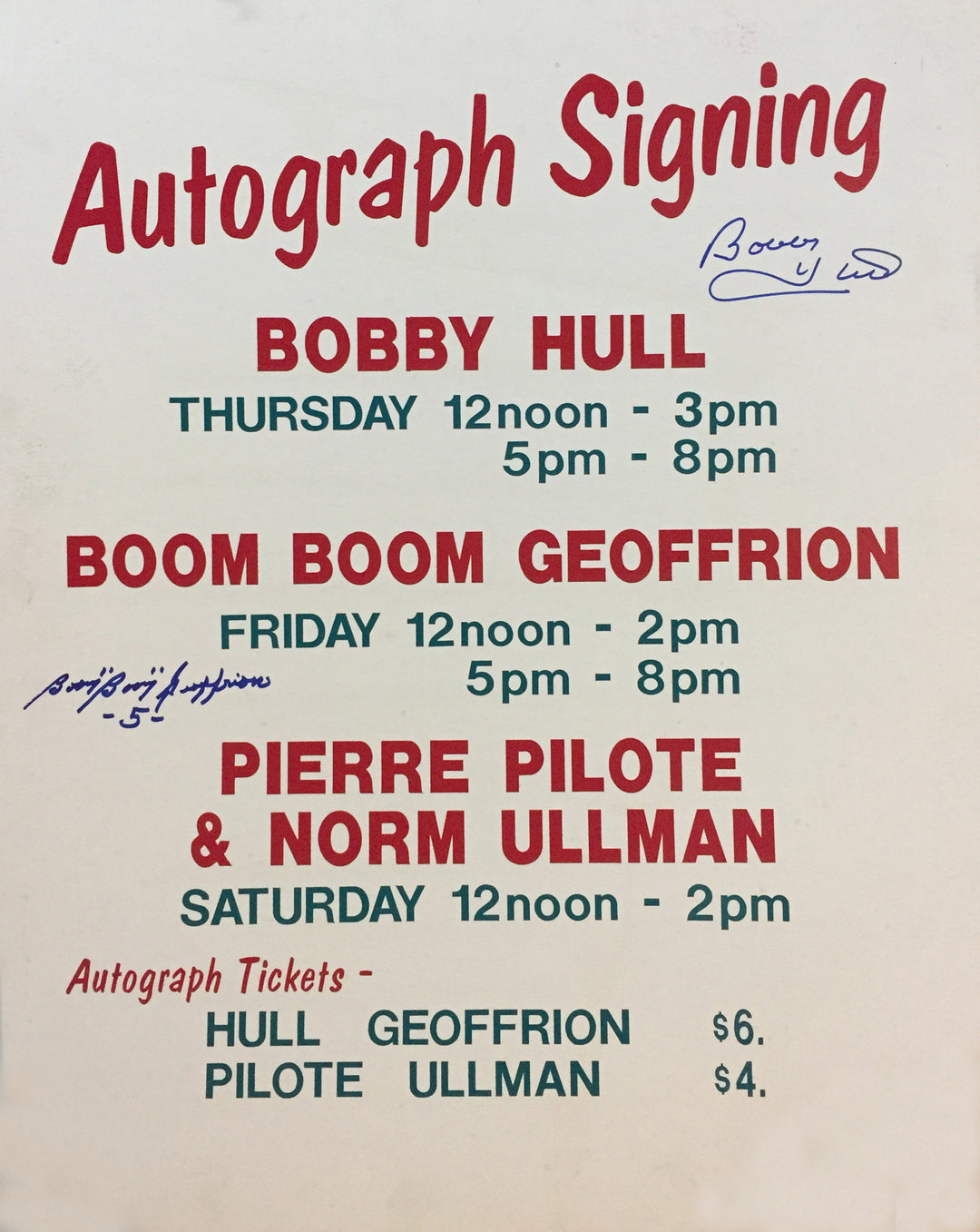 Bobby Hull, Boom Boom Geofferion Autographed Vintage Sign, Chicago Blackhawks, Montreal Canadiens, NHL, Hockey, Autographed, Signed, AAVSH31838