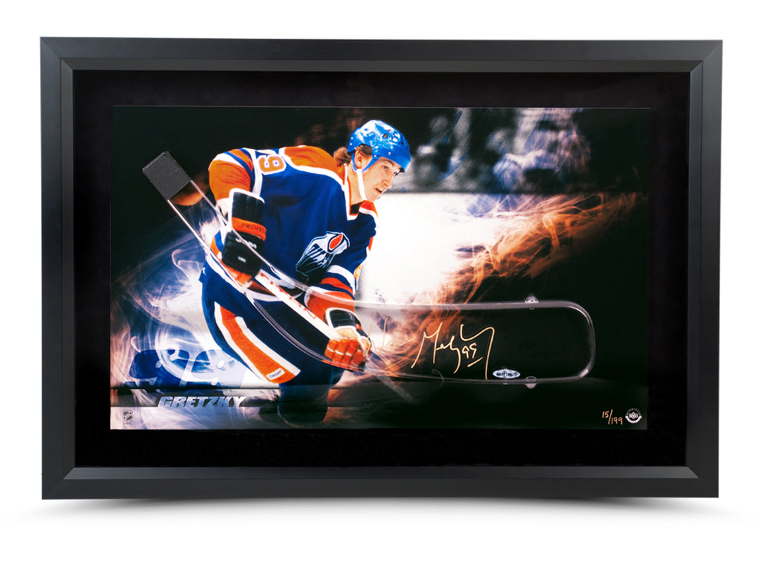 Wayne Gretzky Signed Hockey Stick Blade - Oilers Flame Photo, Ltd Ed 199