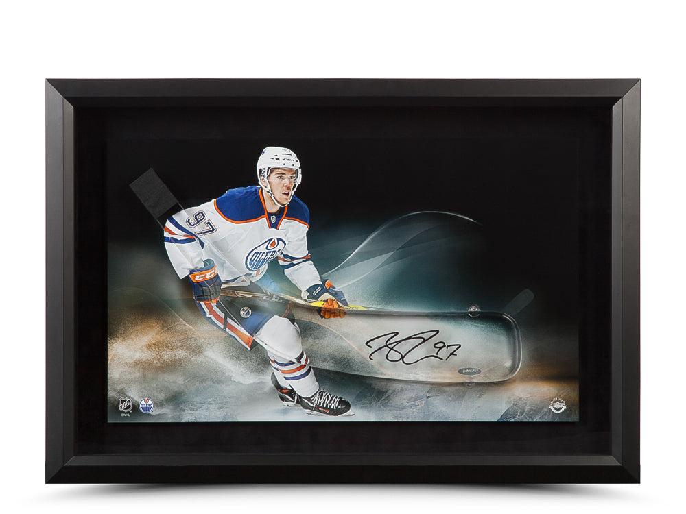 Connor Mcdavid Signed Power Shot Acrylic Stick Blade With Image Framed 24X16
