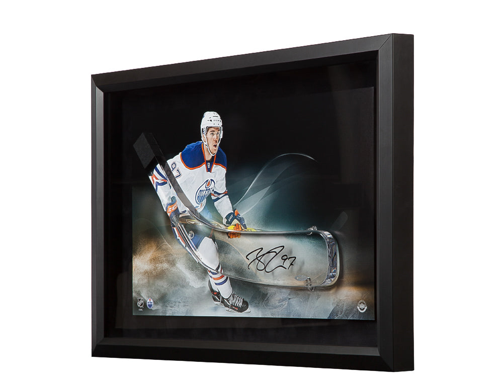 CONNOR MCDAVID SIGNED POWER SHOT ACRYLIC STICK BLADE WITH IMAGE FRAMED 24X16