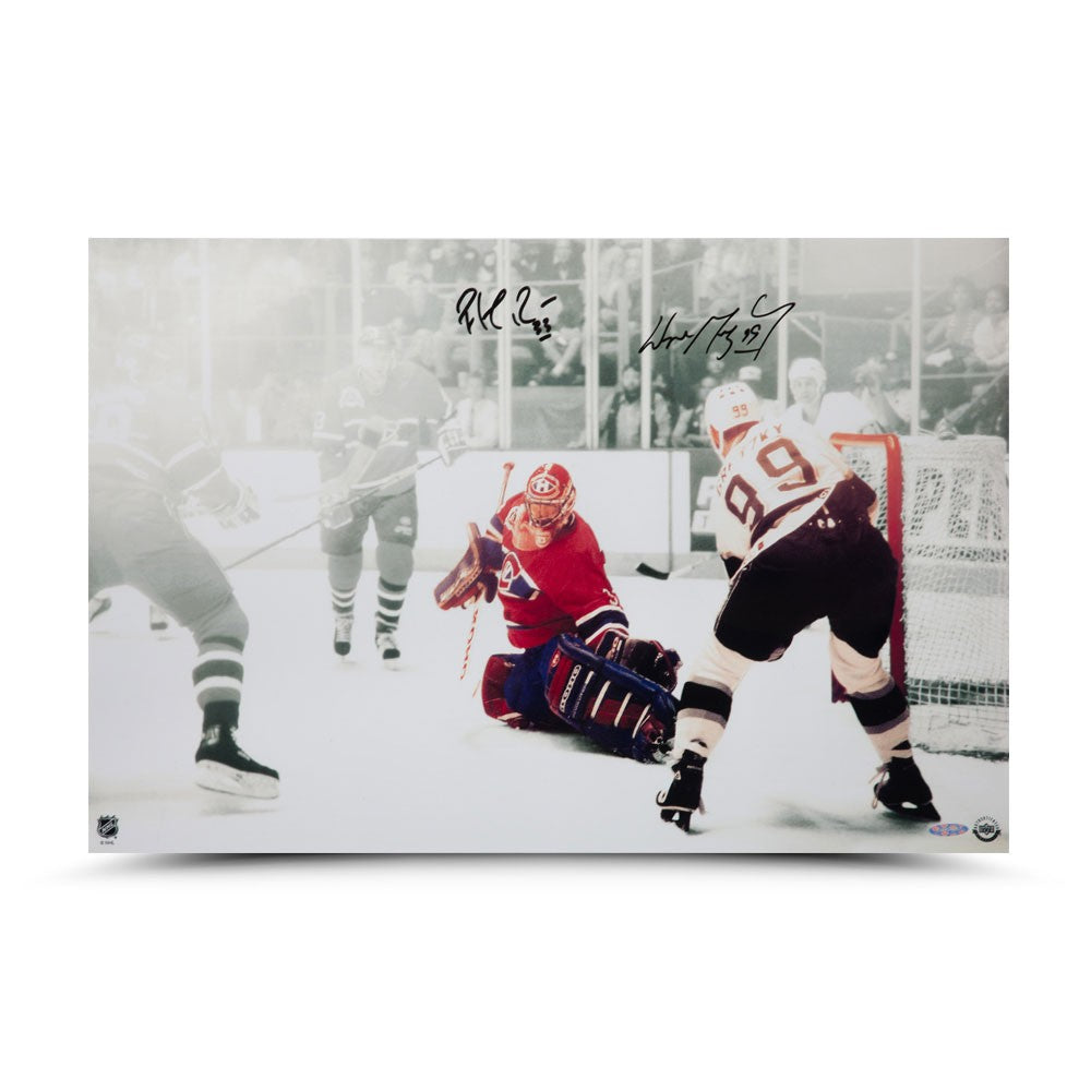 Wayne Gretzky/Patrick Roy Dual Signed 1993 Stanley Cup Game 4, 24X16