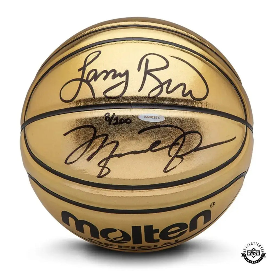 Michael Jordan & Larry Bird Autographed Molten Gold Trophy Basketball