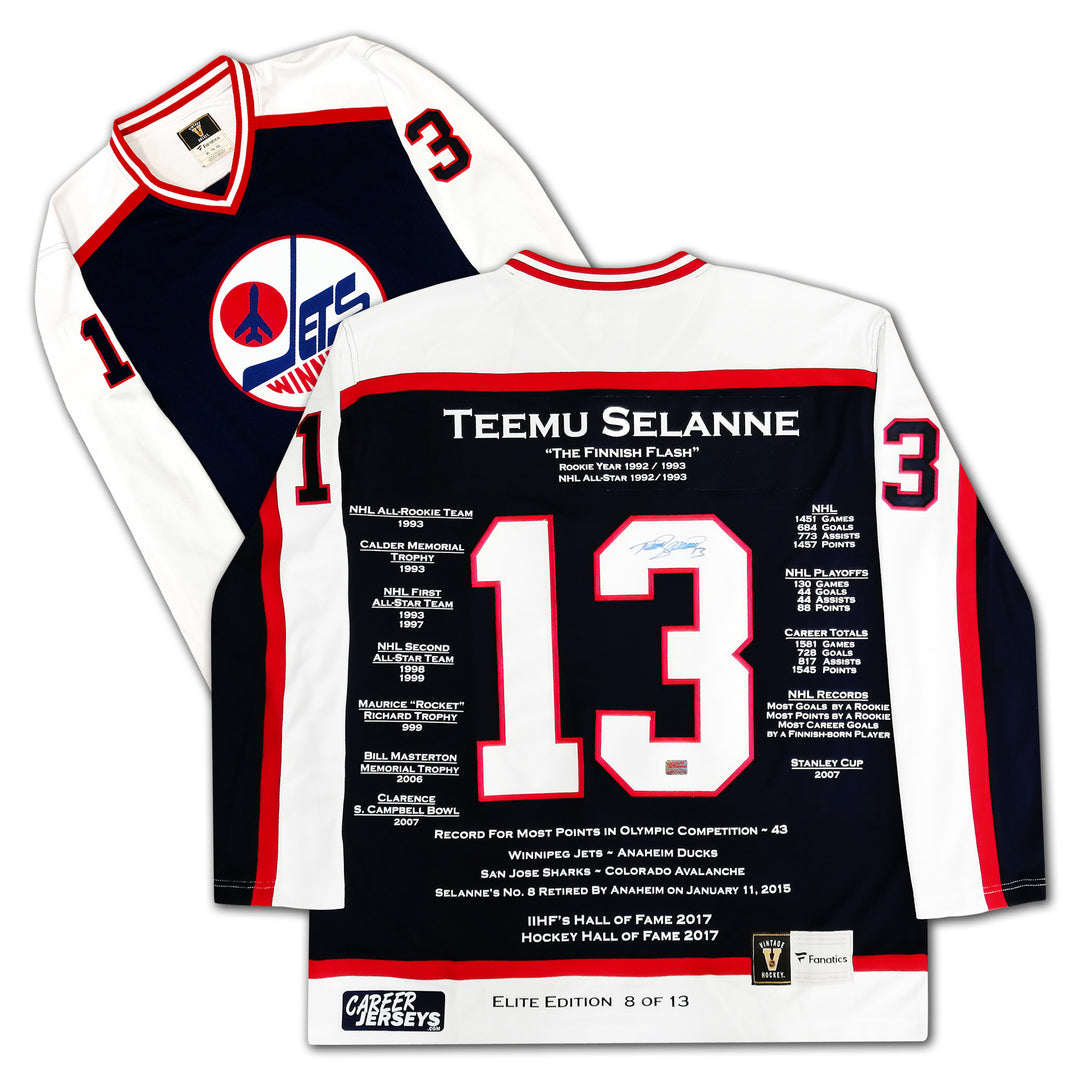 Teemu Selanne Signed Career Jersey Elite Edition #8 Of 13 Winnipeg Jets, Winnipeg Jets, NHL, Hockey, Autographed, Signed, CJPCH32933